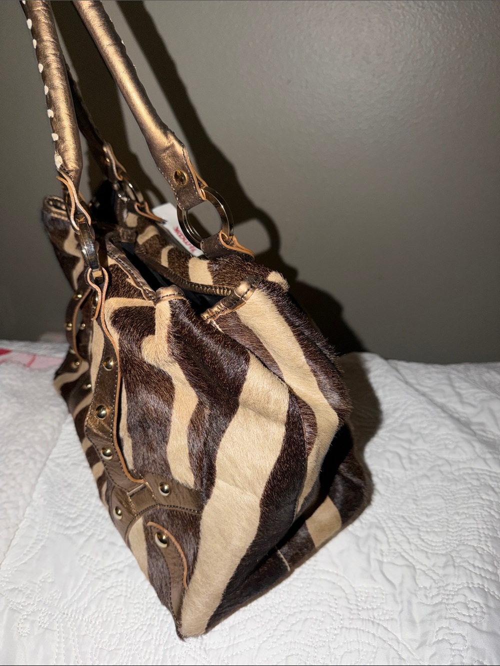 Vintage Claudia Firenze Zebra-Print Shoulder Bag with Metallic Brown Trim - Picture 8 of 9